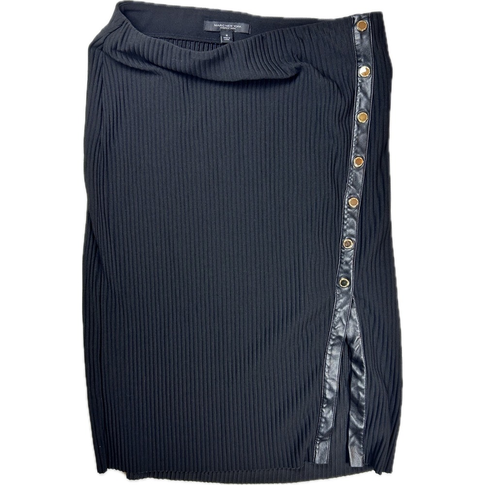 Marc New York Andrew Black Ribbed Midi Skirt Faux Leather Snap Trim Womens M